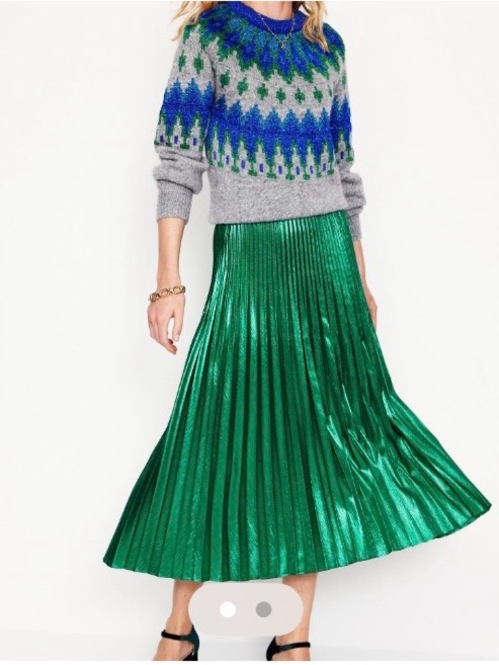 Boden Camilla Metallic Midi Green Pleated Midi Skirt